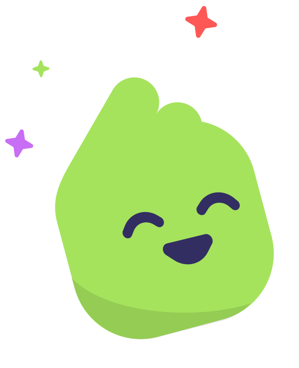 Een vrolijk groen figuurtje met een lachend gezicht omringd door kleurrijke sterren.